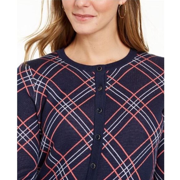 CHARTER CLUB, Navy blue/white/pink plaid cotton cardigan - Picture 3 of 13